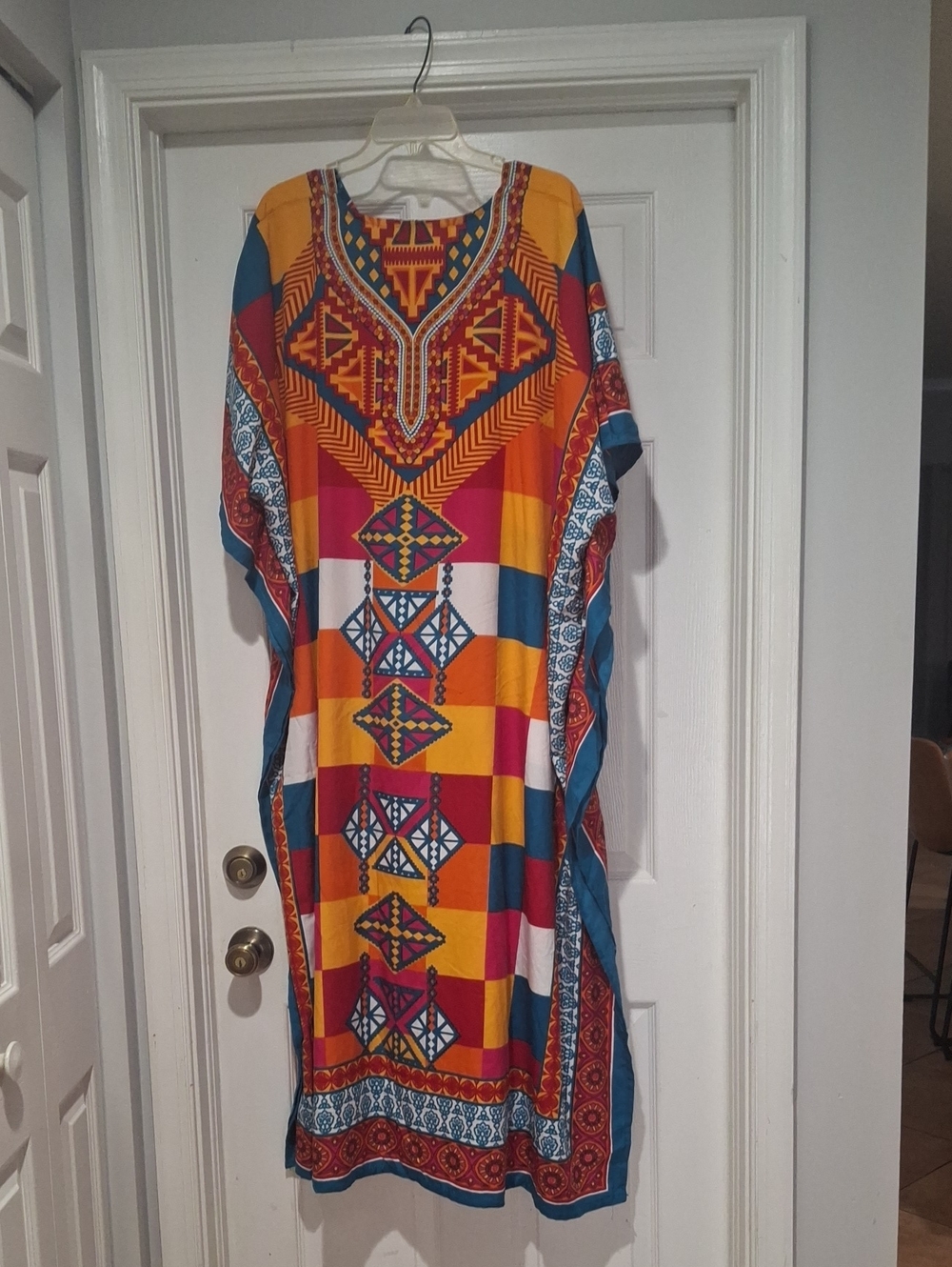 Vibrant Multicolor Geometric Maxi Kaftan Dress